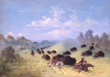 Indianie Komancze ścigający bizony z włóczniami i łukami, 1846-1848