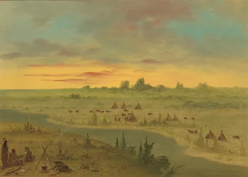 Obozowisko Indian Pawnee o zachodzie słońca, 18611869.