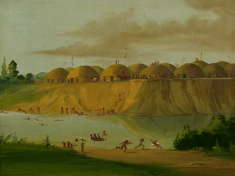 Wioska Hidatsa, loże pokryte ziemią, nad rzeką Knife, 1810 mil nad St. Louis, 1832.