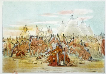 Indianie Ameryki: plemię Assiniboin przypominające taniec na rurze Siuksów. Ilustracja George