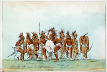 Indianie Ameryki: plemię Black Hawk tańczy taniec żebraków dla turystów. Ilustracja George’a Catlina (1794-1872)