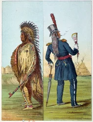 Indianie Ameryki: Indyjski weterynarz assiniboine w wojsku w kieszeniach dwie butelki whisky. Ilustracja George