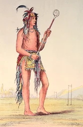 Piłkarz Sioux Ah-No-Je-Nange, „Ten, który stoi po obu stronach” (litografia ręcznie kolorowana)