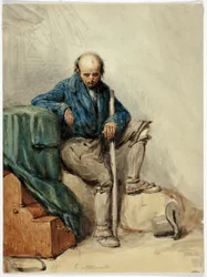 Łysy mężczyzna siedzący na przynależnościach (recto); Dama w żółtej sukni (verso)