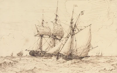 Lugger sygnalizujący przejeżdżającą fregatę