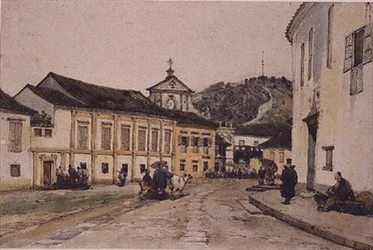 Ulica w Makao, Chiny (pióro, atrament i akwarela na papierze)