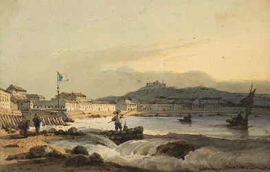 Praia Grande, Makao, od południa, z fortem św. Piotra po lewej stronie, 1830-1845