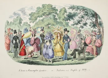 Scena w Kensington Gardens - lub - Moda i przerażenie z 1829, wyd. 1829 (grawerowanie ręcznie kolorowane)