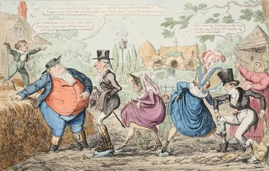 Wizyta na farmie Cockney - Zwiedzanie terenu itp. itp., wyd. 1835 (grawerowanie ręcznie kolorowane)