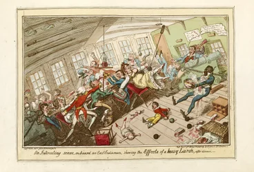 Ciekawa scena na pokładzie statku East-Indiaman, pokazująca skutki silnego sztormu, wyd. 1818 (kolorowana akwaforta)