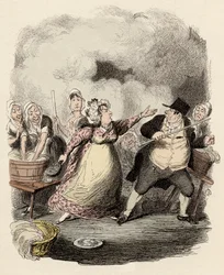 W hospicjum Monsieur Bumble jest poważnie odrzucany przez swoją żonę, Madame Corney - Mr Bumble zdegradowany w oczach nędzarzy - Ilustracja do „Oliver Twist” (Olivier) (Przygody Olivera Twista) autorstwa Charlesa Dickensa (1812-1870) , George Cruikshan