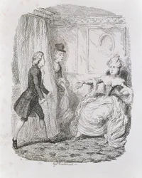 Niezręczna sytuacja Lady Bellaston, z „Tom Jones, historia podrzutka”, grawerowana przez artystę, ilustracja z „Dzieła Henry