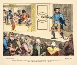 Elliston (dyrektor Surrey Theatre) w roli "Sylvestra Daggerwooda" śpiewającego piosenkę "Bonaparte", napisaną przez pana Lawlera, pub. 1811 (rycina ręcznie kolorowana)