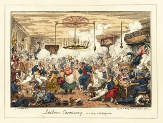 Angielscy marynarze pijący i tańczący w pubie, epoka napoleońska, 1829 (litografia)