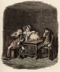 Fagin robi interesy z Morrisem Bolterem, znanym również jako Noe Claypole, i Charlotte – Żyd i Morris Bolter zaczynają się rozumieć – Ilustracja do „”Oliviera Twista””(Olivier) (Przygody Olivera Twista) autorstwa Charlesa Dickensa (1812-1870) ), autorstwa 