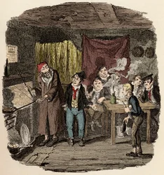 W Londynie Jack Dawkins zwany Lisem przedstawia Olivera Faginowi i jego drużynie malfratów - Oliver przedstawił szanowanemu starszemu dżentelmenowi - Ilustracja do „Oliver Twist” (Olivier) (Przygody Olivera Twista) Charlesa Dickensa (1812-1870) , przez Ge