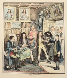Jack Sheppard oskarża Thamesa Darrella o kradzież, ilustracja z filmu Jack Sheppard: A Romance autorstwa Williama Harrisona Ainswortha, opublikowana w 1839 r. (akwaforta ręcznie kolorowana)