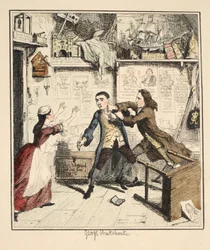 Jack Sheppard przedstawia mściwą postać, ilustracja z książki Jack Sheppard: A Romance autorstwa Williama Harrisona Ainswortha, opublikowanej w 1839 r. (ręcznie kolorowana akwaforta)