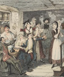 Jack Sheppard upija się i rozkazuje swojej matce, ilustracja z Jack Sheppard: A Romance autorstwa Williama Harrisona Ainswortha, opublikowana w 1839 r. (ręcznie kolorowana akwaforta)