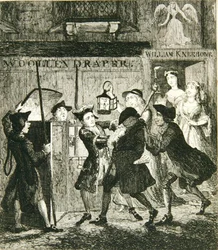 Jack Sheppard oszukany Shotbolt the Gaoler, ilustracja z „Jack Sheppard: A Romance” Williama Harrisona Ainswortha, opublikowana w 1839 (akwaforta)