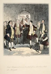 Żelazka Jacka Shepparda strącone w Stone Hall w Newgate, ilustracja z książki Jack Sheppard: A Romance autorstwa Williama Harrisona Ainswortha, opublikowanej w 1839 r. (ręcznie kolorowana akwaforta)