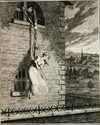 Jack uciekający z Newgate Ward z żoną Elizabeth Lyon, ilustracja z „Jack Sheppard: A Romance” Williama Harrisona Ainswortha, opublikowana w 1839 r. (akwaforta)