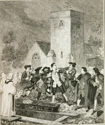 Jonathan Wild chwytający Jacka na pogrzebie matki w Willesden Churchyard, ilustracja z „Jack Sheppard: A Romance” Williama Harrisona Ainswortha, opublikowana w 1839 r. (akwaforta)