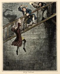 Jonathan Wild wrzuca Sir Rowlanda Trencharda do studni, ilustracja z „Jack Sheppard: A Romance” Williama Harrisona Ainswortha, wyd. 1839 (rycina ręcznie kolorowana)
