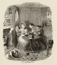Pan Bumble i pani Corney piją herbatę, z „Przygody Olivera Twista” Charlesa Dickensa (1812-70) 1838, wydanej przez Chapman und Hall, 1901