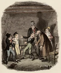 Oliver Twist przyjęty przez starego Fagina i jego zespół - Przyjęcie Olivera przez Fagina i chłopców - Ilustracja do „” Oliver Twist”” (Olivier) (Przygody Olivera Twista) autorstwa Charlesa Dickensa (1812-1870), autorstwa George