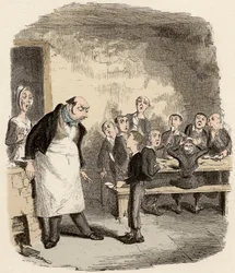Oliver ma prosić o dodatkowe jedzenie od przełożonego Hospicjum dla Małych Dzieci - Oliver prosi o więcej - Ilustracja do „” Oliver Twist””” (Olivier) (Przygody Olivera Twista) autorstwa Charlesa Dickensa (1812-1870), autorstwa George