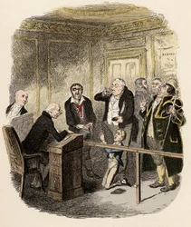 Oliver błagał sędziego dziecięcego, aby nie pozwolił mu na praktykę w Gamfield, kominie - Oliver ucieka jako uczeń związany z kominem - Ilustracja do Charlesa Dickensa „Oliver Twist” (Oliver) (Przygody Olivera Twista) (1812-1870), za pomocą
