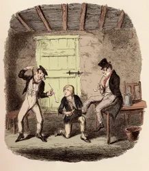 Oliver woskuje buty lisa, podczas gdy Charley Bates wyjaśnia niebezpieczeństwa związane z powieszeniem – Master Bates wyjaśnia profesjonalne szczegóły techniczne – Ilustracja do „Oliver Twist” (Olivier) (Przygody Olivera Twista) Charlesa Dickensa (1812-187