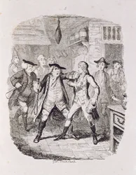 Squire Western Seizing Jones w Upton, z „Tom Jones, historia podrzutka”, grawerowane przez artystę, ilustracja z „The Works of Henry Fielding”, wyd. przez Henry