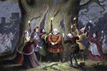 William Shakespeare Wesołe żony z Windsoru, sztuka po raz pierwszy wystawiona w 1597 lub 1600 roku. Falstaff, który zachował swoją rzekomą przydział w Windsor Forest Mistress Ford jako Herne the Hunter i został uszczypnięty i uderzony przez „wróżki”, mówi: