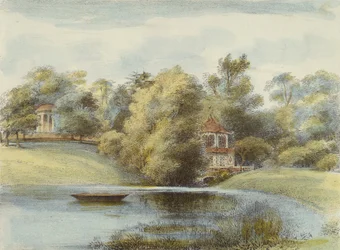 Chińska Świątynia i Świątynia Eolus, Kew Gardens, tablica 16 z Kew Gardens: A Series of Twenty-Four Drawings on Stone, grawerowana przez Charlesa Hullmandela (1789-1850) opublikowana w 1820 r. (litografia ręcznie kolorowana)
