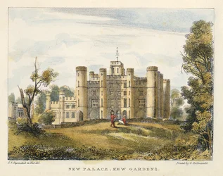 New Palace, Kew Gardens, tablica 1 z Kew Gardens: A Series of Twenty-Four Drawings on Stone, rytowana przez Charlesa Hullmandela (1789-1850) wydana w 1820 r. (litografia ręcznie kolorowana)