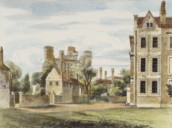 Nowy Pałac, z Queens Garden, tablica 4 z Kew Gardens: A Series of Twenty-Four Drawings on Stone, rytowane przez Charlesa Hullmandela (1789-1850) wydane w 1820 r. (litografia ręcznie kolorowana)