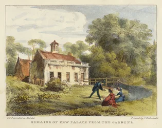 Remains of Kew Palace from the Gardens, płyta 6 z Kew Gardens: A Series of Twenty-Four Drawings on Stone, grawerowane przez Charlesa Hullmandela (1789-1850) wydane w 1820 r. (litografia ręcznie kolorowana)