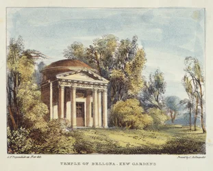 Świątynia Bellony, Kew Gardens, tablica 24 z Kew Gardens: A Series of Twenty-Four Drawings on Stone, grawerowana przez Charlesa Hullmandela (1789-1850) opublikowana w 1820 r. (litografia ręcznie kolorowana)