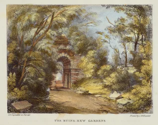 Ruiny, Kew Gardens, płyta 15 z Kew Gardens: A Series of Twenty-Four Drawings on Stone, grawerowane przez Charlesa Hullmandela (1789-1850) wydane w 1820 r. (litografia ręcznie kolorowana)