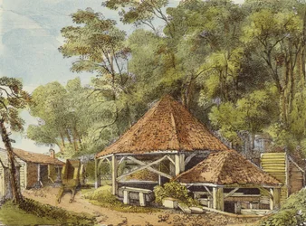Water Works, Kew Gardens, tablica 22 z Kew Gardens: A Series of Twenty-Four Drawings on Stone, grawerowane przez Charlesa Hullmandela (1789-1850) wydana w 1820 r. (litografia ręcznie kolorowana)