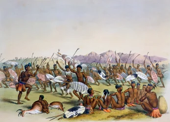 „Taniec myśliwski Zulusów w pobliżu gór Engooi”, 1849