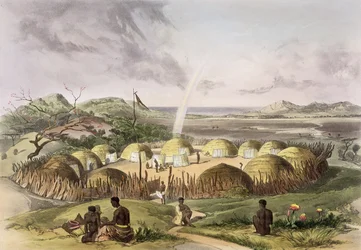 Zuluński kraal w pobliżu Umlazi, Natal, tablica 27 z ’The Kafirs Illustrated’, 1849