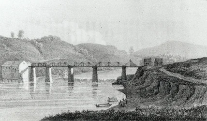 Bridge w Zanesville, Ohio, z „Wizyty w Ameryce Północnej i osiedlach angielskich w Illinois” Adlarda Welby
