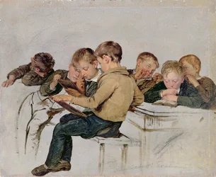 Egzamin szkolny (olej na papierze)