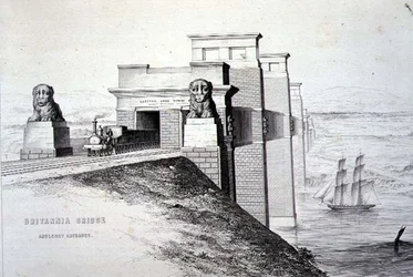 Britannia Bridge, Anglesey Entrance, grawerowane przez artystę, wyd. 1849 (lito) (kolor patrz 122445)