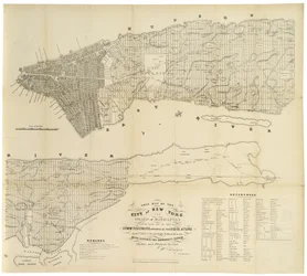 Ta mapa miasta Nowy Jork i wyspy Manhattan sporządzona przez komisarzy mianowanych przez ustawodawcę. . ., 1853 (czarny tusz na papierze)