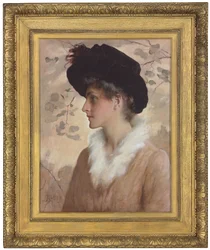 Portret damy, półpostać, w czarnym kapeluszu i futrzanej stoli, 1888