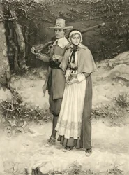 Purytańska para w drodze na niedzielne nabożeństwo, wyryte przez Thomasa Golda Appletona, 1885